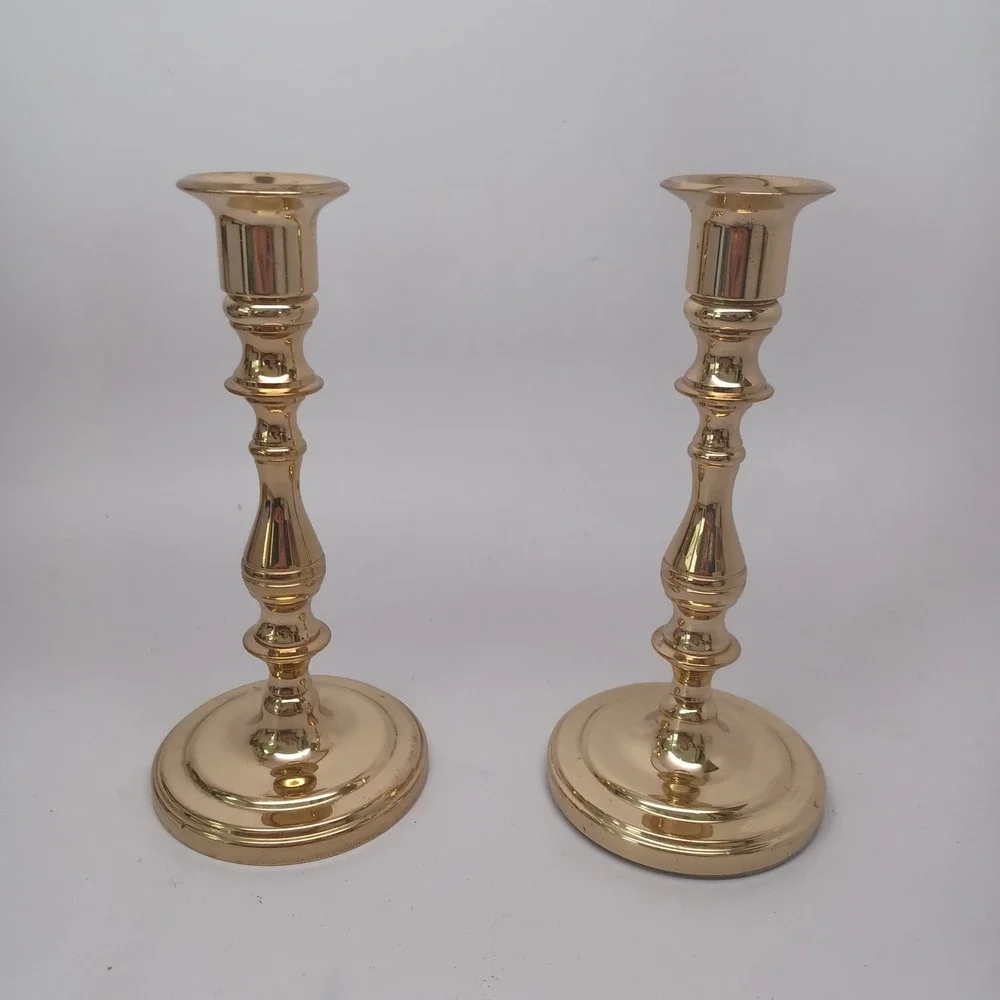 Baldwin Brass Candlestick Holders Set of‎ 2 Polished Gold Taper 7 Inch USA Made